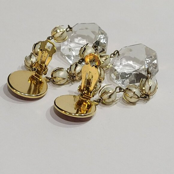 Vintage Clip-On Chandelier Earrings Red Gem Faux Pearl Accents & Crystal Drops - Picture 15 of 16